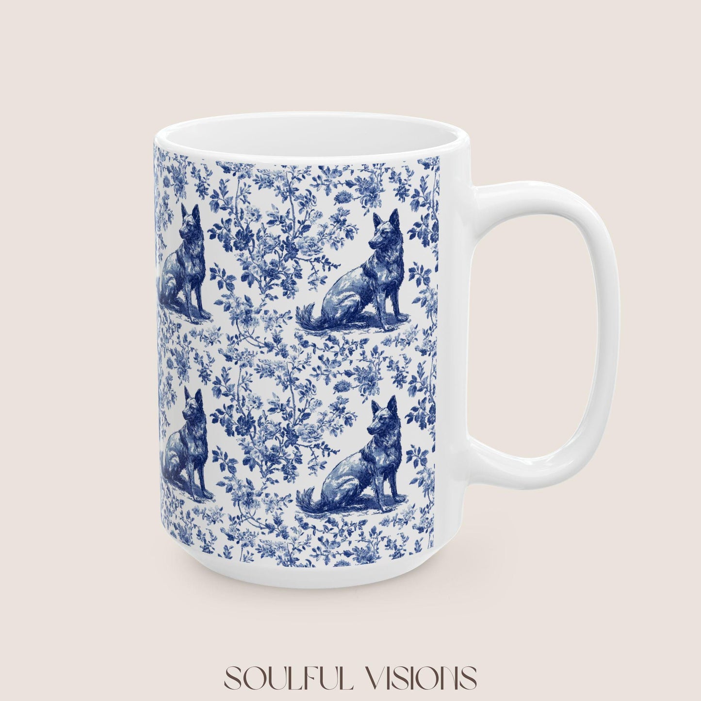 Belgian Malinois French Toile De Jouy Mug, Belgian Malinois Mug, Belgian Malinois gift, Belgian Malinois Lover Gift, Malinois Ceramic Mug