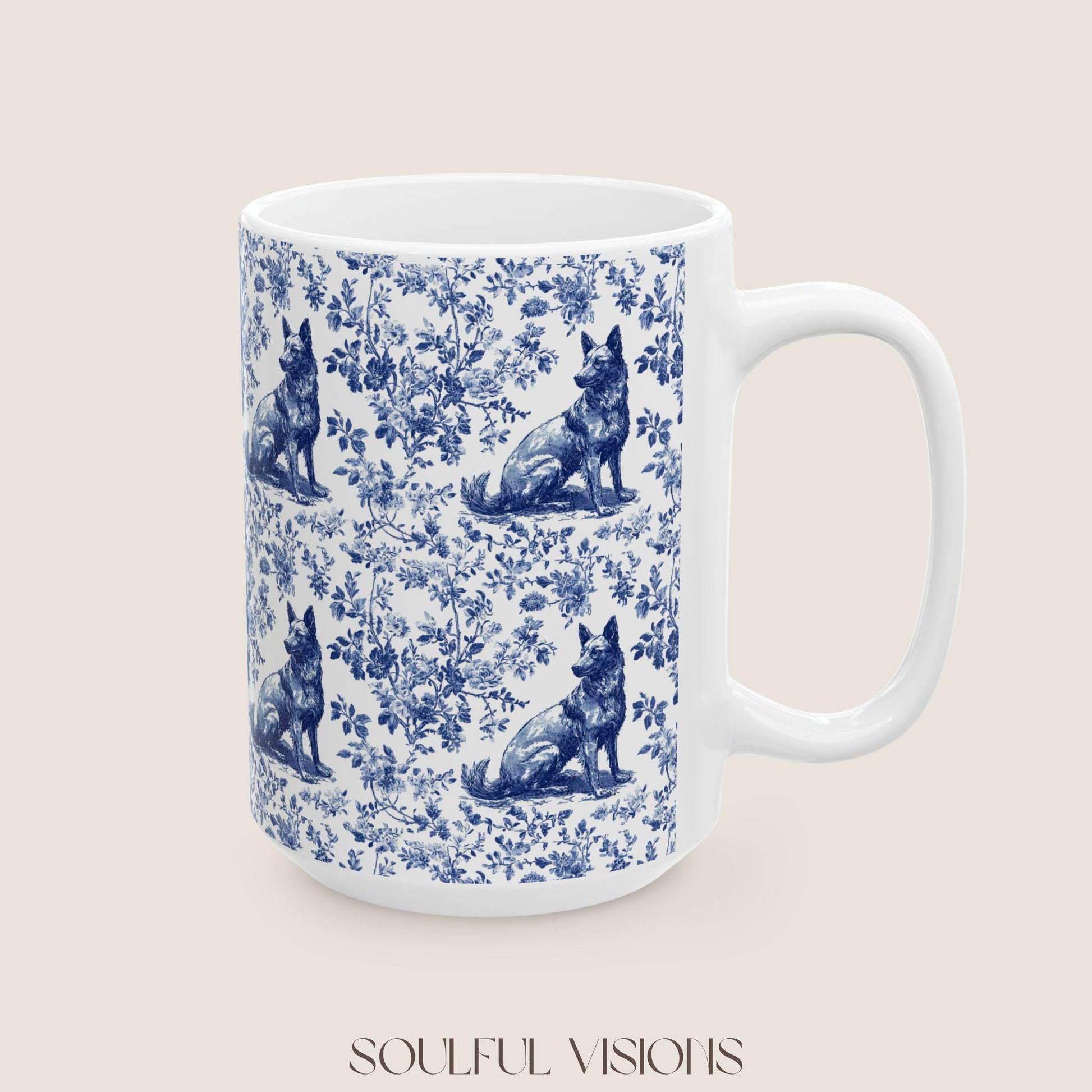 Belgian Malinois French Toile De Jouy Mug, Belgian Malinois Mug, Belgian Malinois gift, Belgian Malinois Lover Gift, Malinois Ceramic Mug