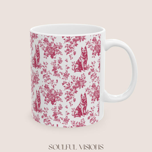German Shepherd French Pink Toile de Jouy Mug, Toile mug, German Shepherd ceramic mug, shepherd mugs, Shepherd Lover Gifts, Dog mug