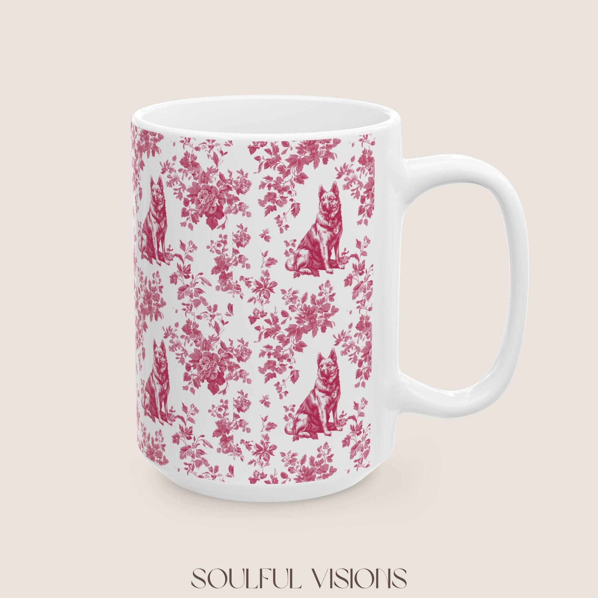 German Shepherd French Pink Toile de Jouy Mug, Toile mug, German Shepherd ceramic mug, shepherd mugs, Shepherd Lover Gifts, Dog mug