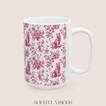 German Shepherd French Pink Toile de Jouy Mug, Toile mug, German Shepherd ceramic mug, shepherd mugs, Shepherd Lover Gifts, Dog mug