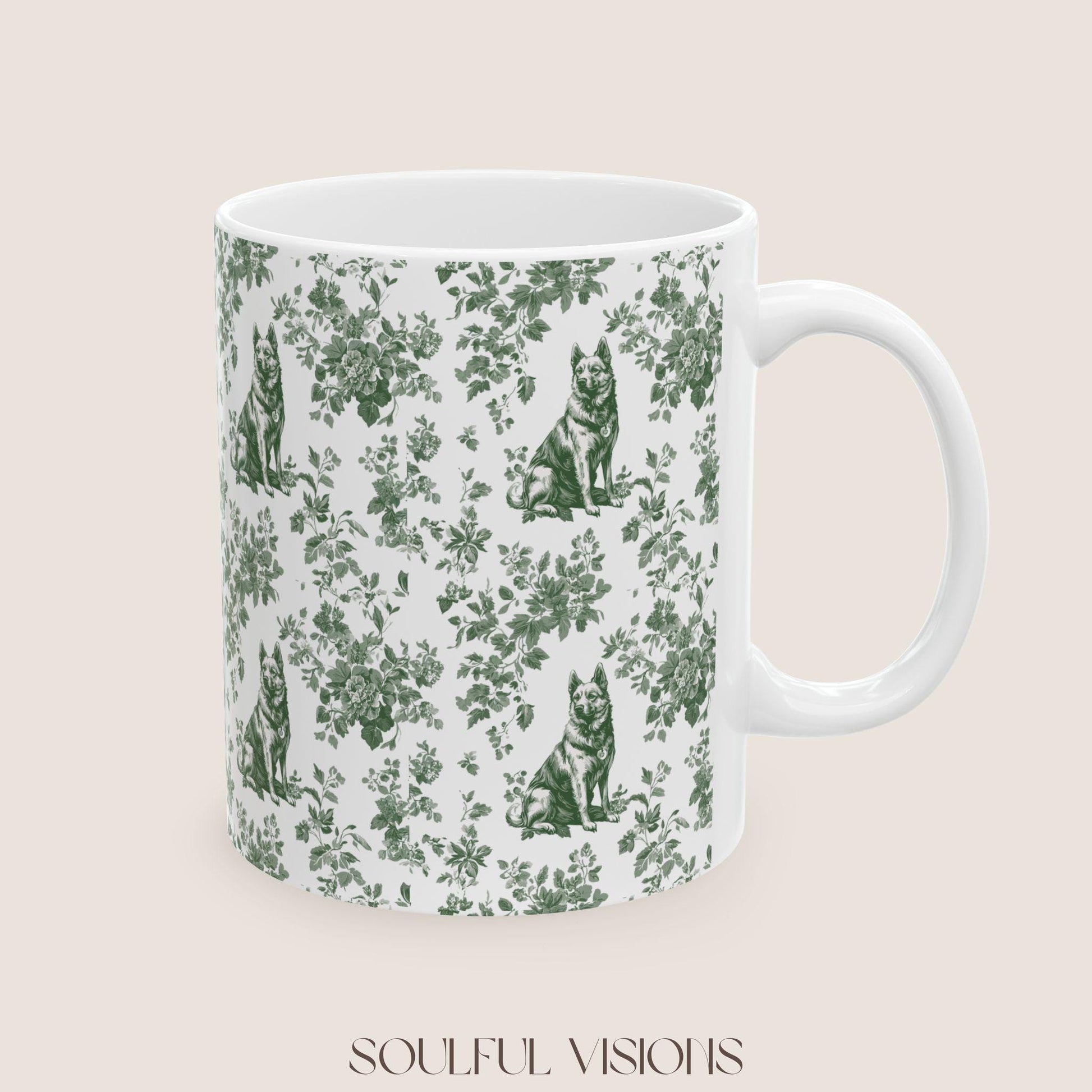 German Shepherd French Pastel Green Toile de Jouy Mug, Toile mug, German Shepherd ceramic mug, shepherd mugs, Shepherd Lover Gifts, Dog mug