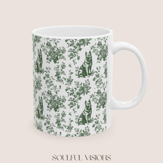 German Shepherd French Pastel Green Toile de Jouy Mug, Toile mug, German Shepherd ceramic mug, shepherd mugs, Shepherd Lover Gifts, Dog mug