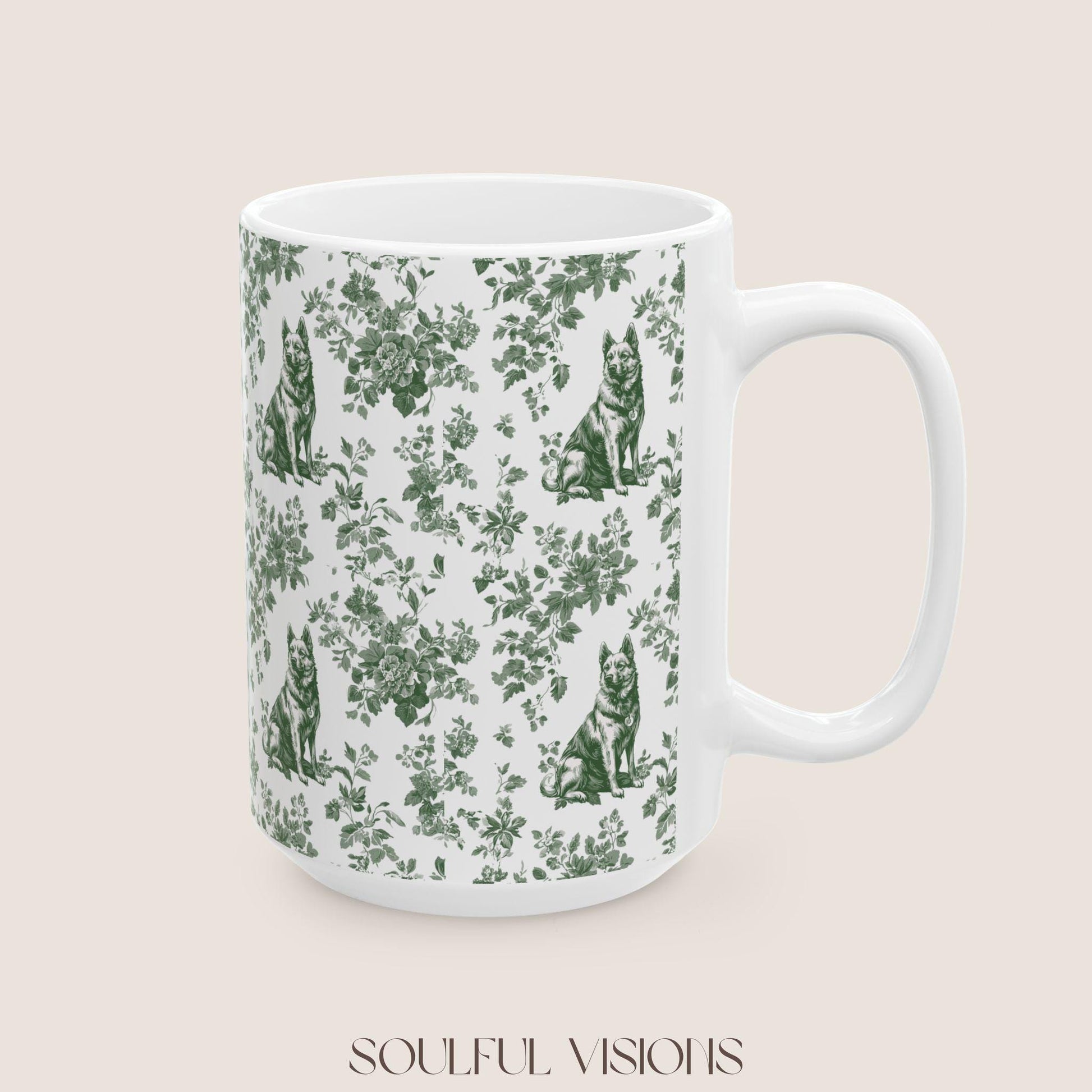 German Shepherd French Pastel Green Toile de Jouy Mug, Toile mug, German Shepherd ceramic mug, shepherd mugs, Shepherd Lover Gifts, Dog mug