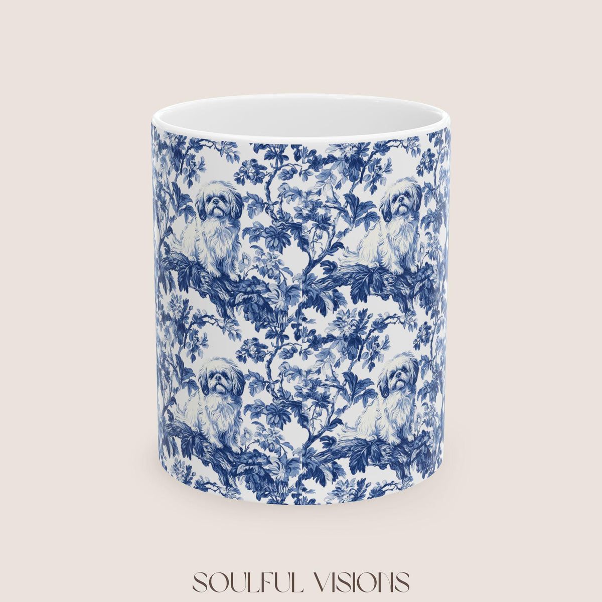 Pekingese French Blue Toile de Jouy Mug, Blue Toile Coffee Cup, Gift for Pekingese Mom, Pekingese Mugs, Pekingese Lover Gift
