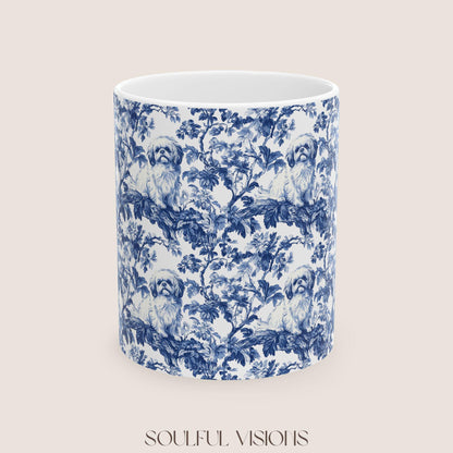 Pekingese French Blue Toile de Jouy Mug, Blue Toile Coffee Cup, Gift for Pekingese Mom, Pekingese Mugs, Pekingese Lover Gift