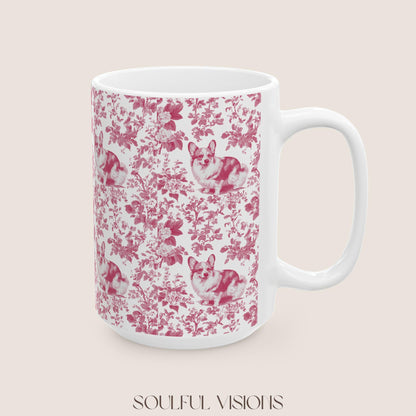Corgi French Pink Toile de Jouy Mug, Blue Toile Coffee Cup, Gift for Corgi Mom, Corgi Welsh Pembroke GiftsD, Corgi Mugs, Corgi Lover Gift