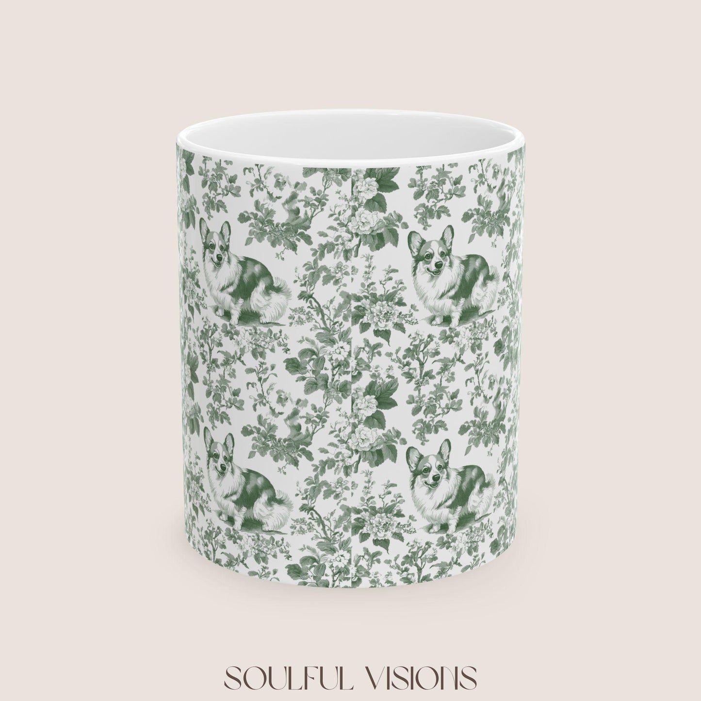 Corgi French Pastel Green Toile de Jouy Mug, Blue Toile Coffee Cup, Gift for Corgi Mom, Corgi Welsh Pembroke GiftsD, Corgi Mugs, Corgi Gift