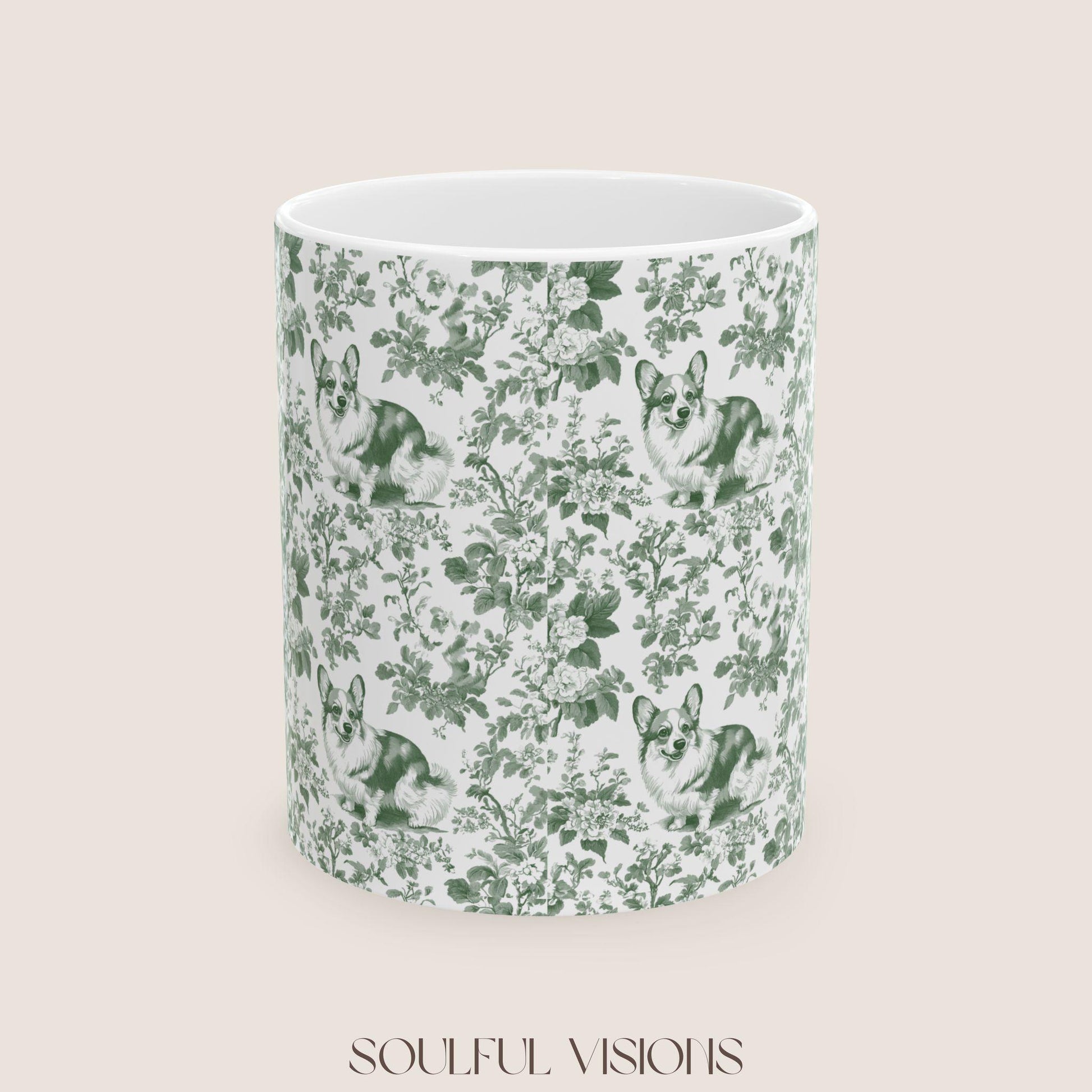 Corgi French Pastel Green Toile de Jouy Mug, Blue Toile Coffee Cup, Gift for Corgi Mom, Corgi Welsh Pembroke GiftsD, Corgi Mugs, Corgi Gift