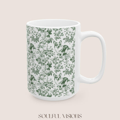 Corgi French Pastel Green Toile de Jouy Mug, Blue Toile Coffee Cup, Gift for Corgi Mom, Corgi Welsh Pembroke GiftsD, Corgi Mugs, Corgi Gift