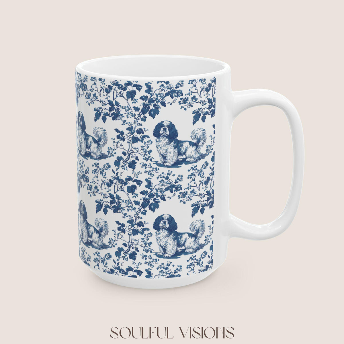 Cavalier King Charles Spaniel French Blue Toile de Jouy Mug, Blue toile de jouy Mug, Cavalier mug, Cavalier Spaniel Gift, Cavalier Spaniel