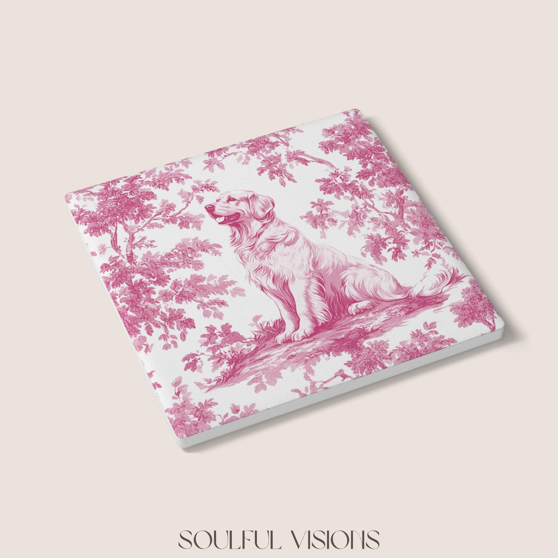 Golden Retriever Ceramic Coaster French Pink Toile, Golden Retriever French Toile Drink Coaster, Golden Retriever Mom Gift, Dog Coaster