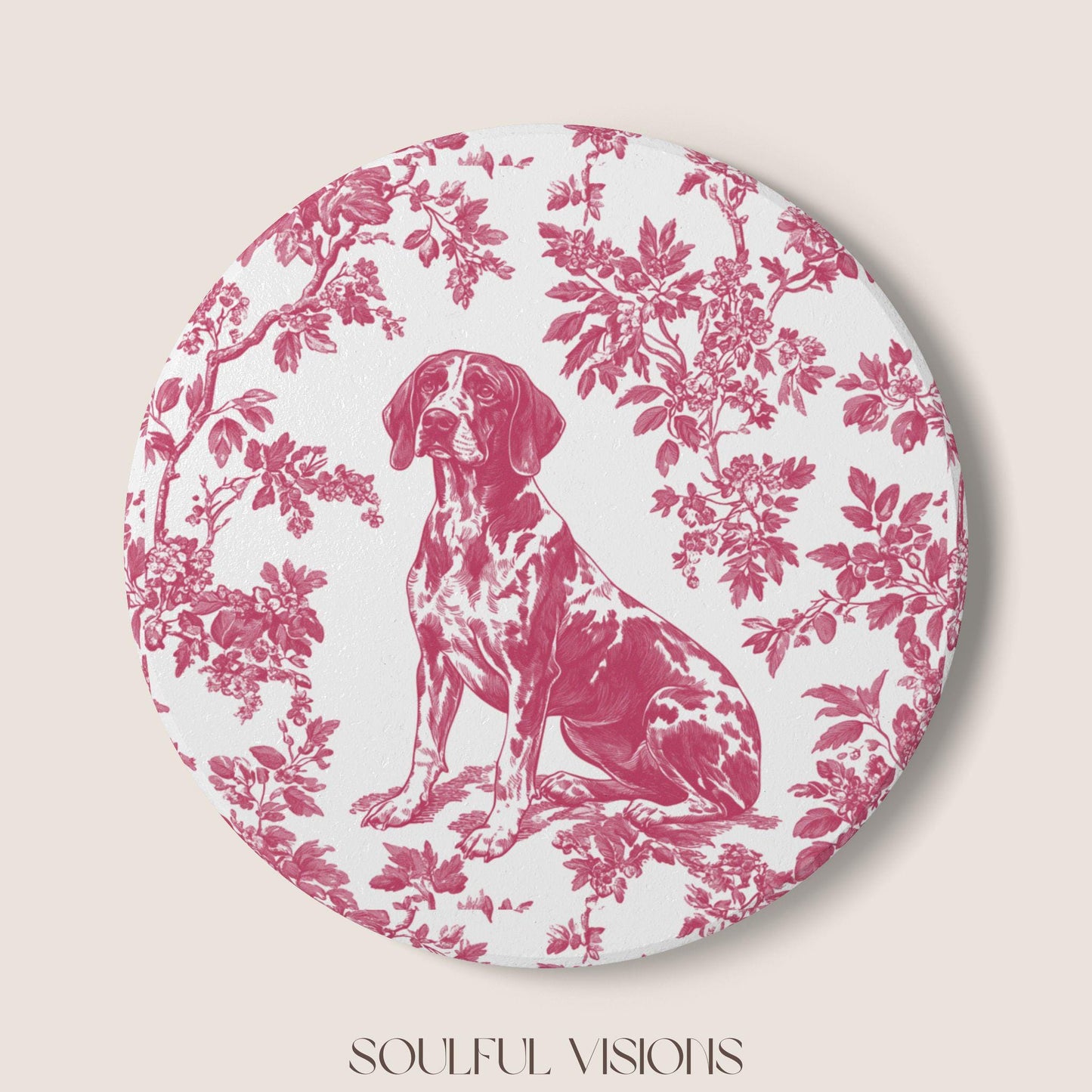 GSP Ceramic Coaster French Pink Toile, German Shorthaired Pointer French Toile Drink Coaster, Pointer Mom Gift, Dog Lover Coaster