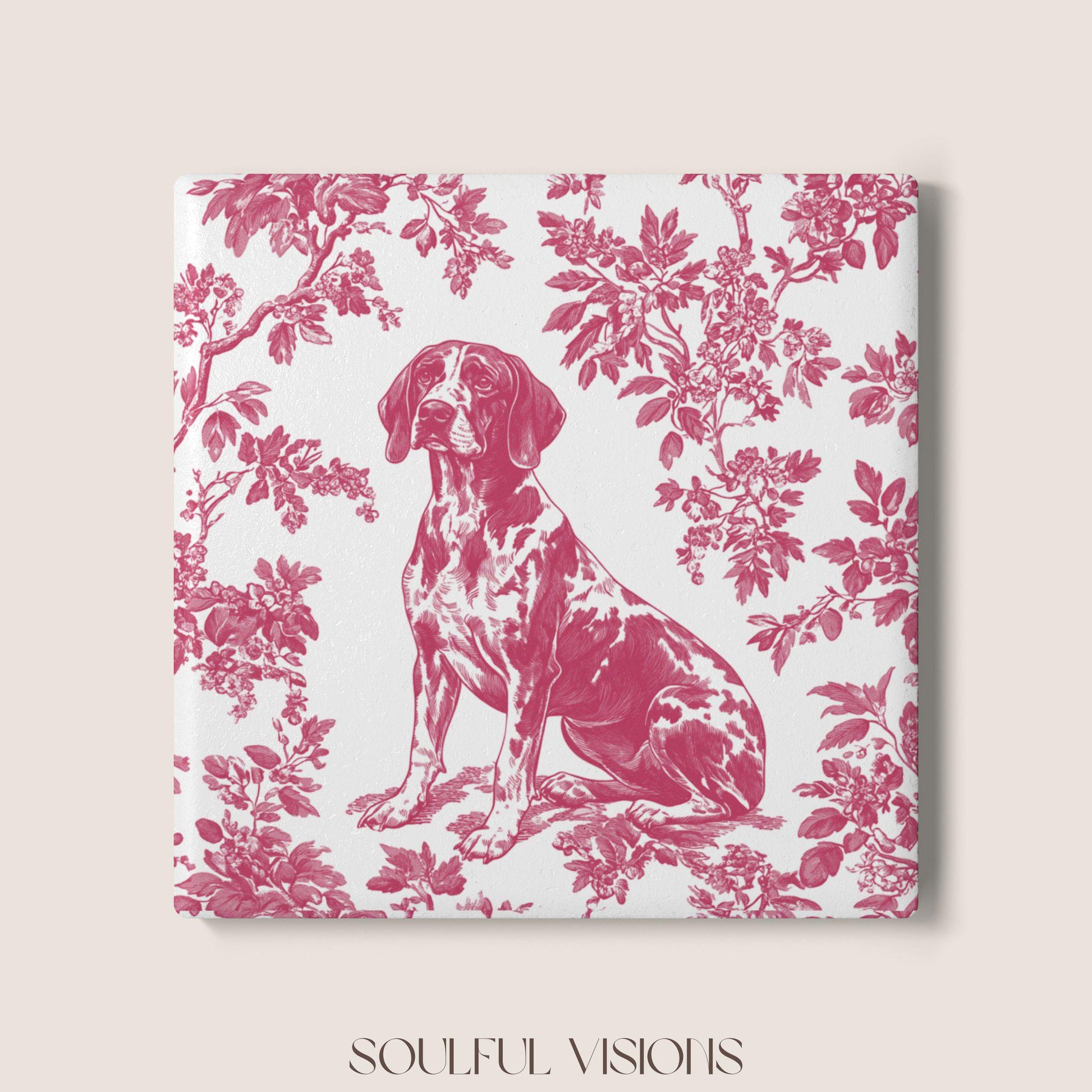 GSP Ceramic Coaster French Pink Toile, German Shorthaired Pointer French Toile Drink Coaster, Pointer Mom Gift, Dog Lover Coaster
