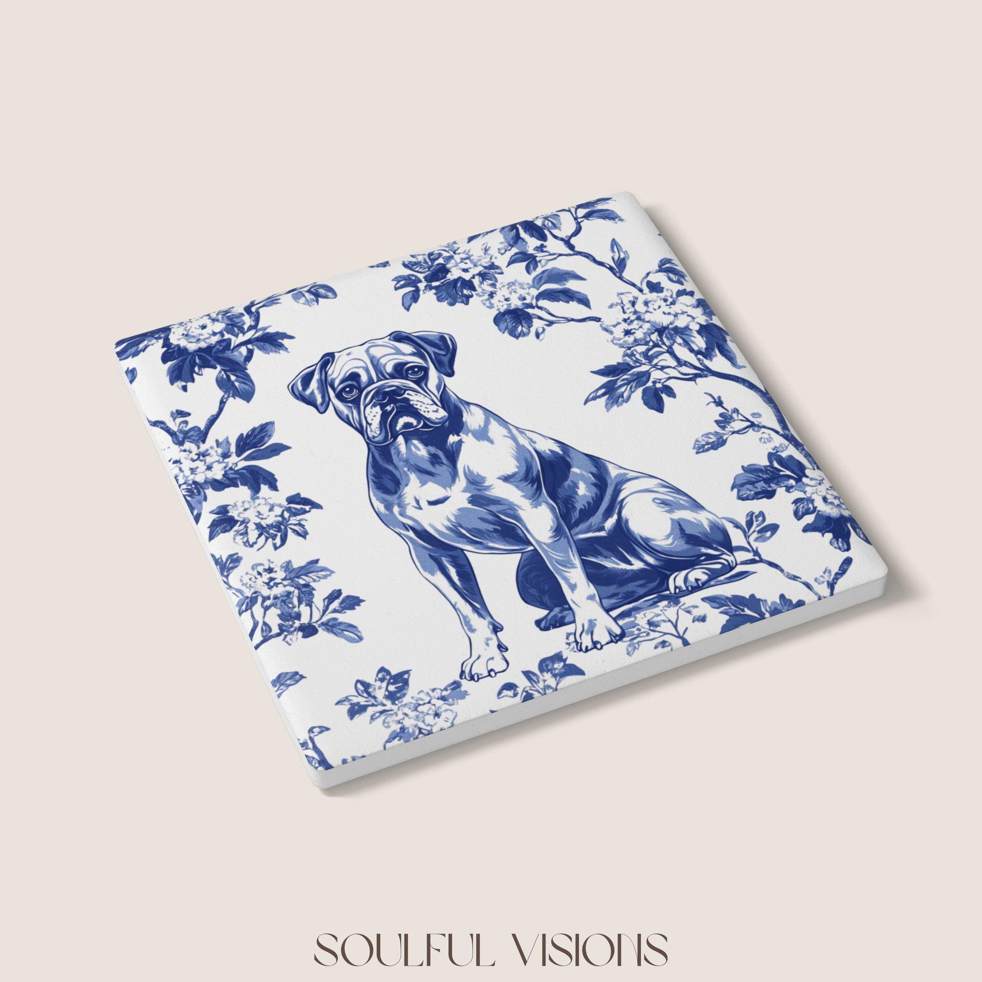 Boxer dog Ceramic Coaster French Blue Toile, Boxer French Toile Drink Coaster, Boxer Mom Gift, Dog Lover Coaster, Boxer Coaster, Boxer Gifts