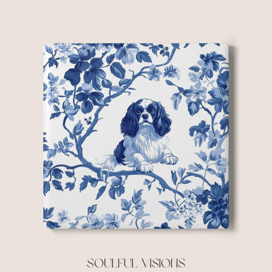 Cavalier Spaniel Ceramic Coaster French Blue Toile, Cavalier Drink Coaster, Cavalier Mom Gift, Dog Coaster, Cavalier King Charles Spaniel