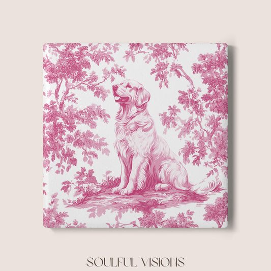 Golden Retriever Ceramic Coaster French Pink Toile, Golden Retriever French Toile Drink Coaster, Golden Retriever Mom Gift, Dog Coaster
