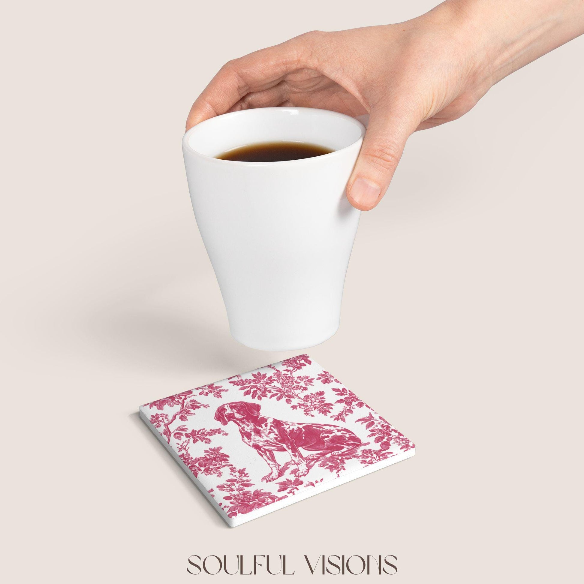 GSP Ceramic Coaster French Pink Toile, German Shorthaired Pointer French Toile Drink Coaster, Pointer Mom Gift, Dog Lover Coaster