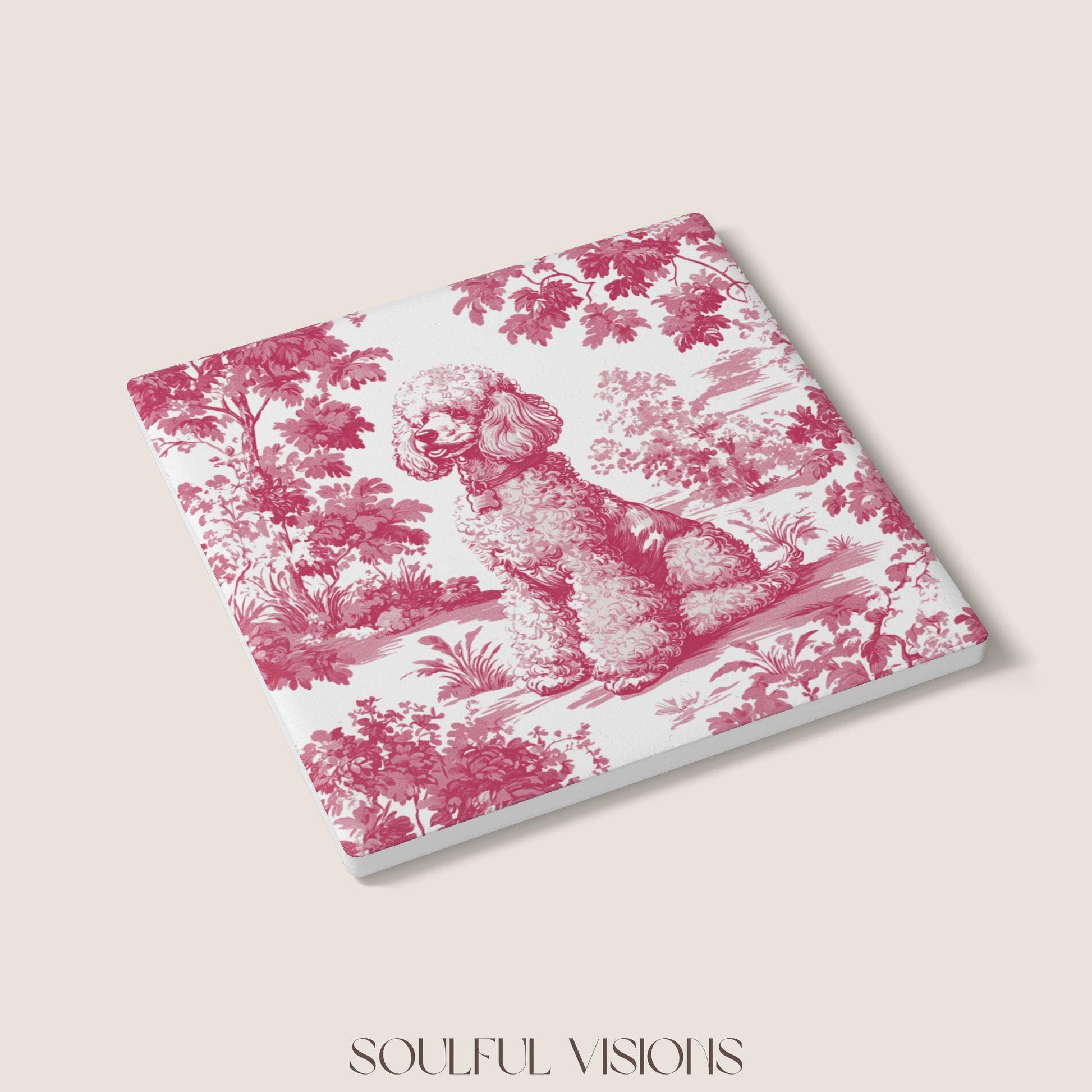 Poodle Ceramic Coaster French Pink Toile, Poodle French Toile Drink Coaster, Poodle Mom Gift, Dog Lover Coaster