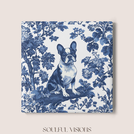 Boston Terrier Ceramic Coaster French Blue Toile, Boston Terrier Drink Coaster, Boston Terrier Mom Gift, Dog Coaster, Boston Terrier Lover