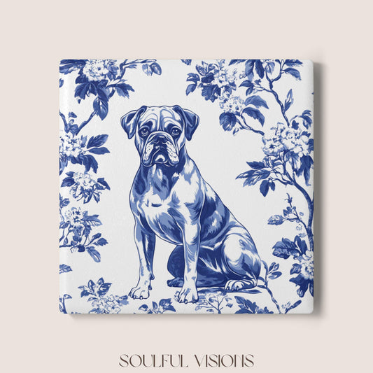 Boxer dog Ceramic Coaster French Blue Toile, Boxer French Toile Drink Coaster, Boxer Mom Gift, Dog Lover Coaster, Boxer Coaster, Boxer Gifts