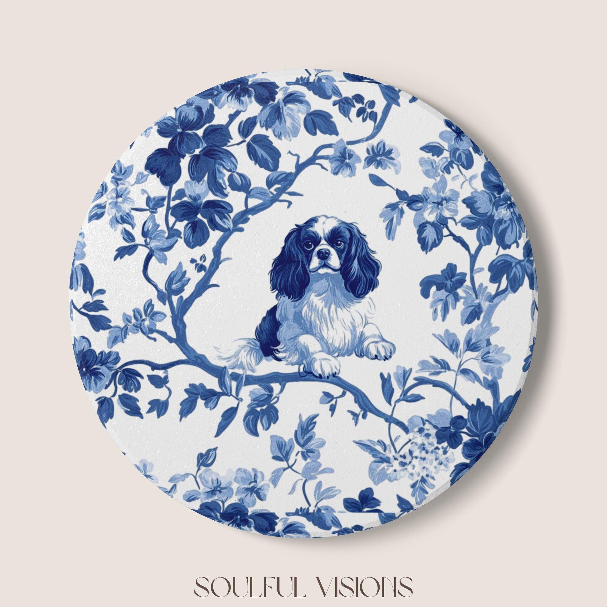 Cavalier Spaniel Ceramic Coaster French Blue Toile, Cavalier Drink Coaster, Cavalier Mom Gift, Dog Coaster, Cavalier King Charles Spaniel