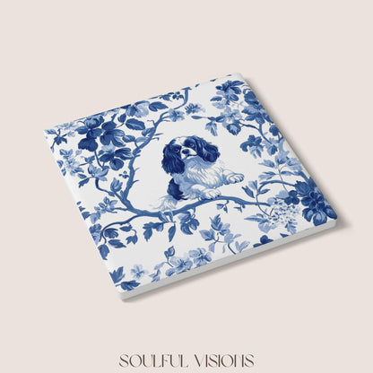 Cavalier Spaniel Ceramic Coaster French Blue Toile, Cavalier Drink Coaster, Cavalier Mom Gift, Dog Coaster, Cavalier King Charles Spaniel