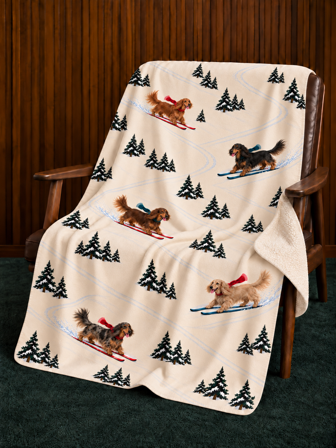Long-haired Dachshund beige Christmas skiing fleece blanket — chair view