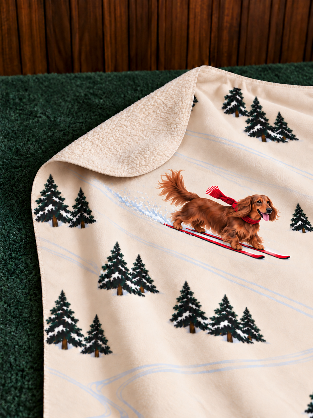 Long-haired Dachshund beige Christmas skiing fleece blanket — detail view