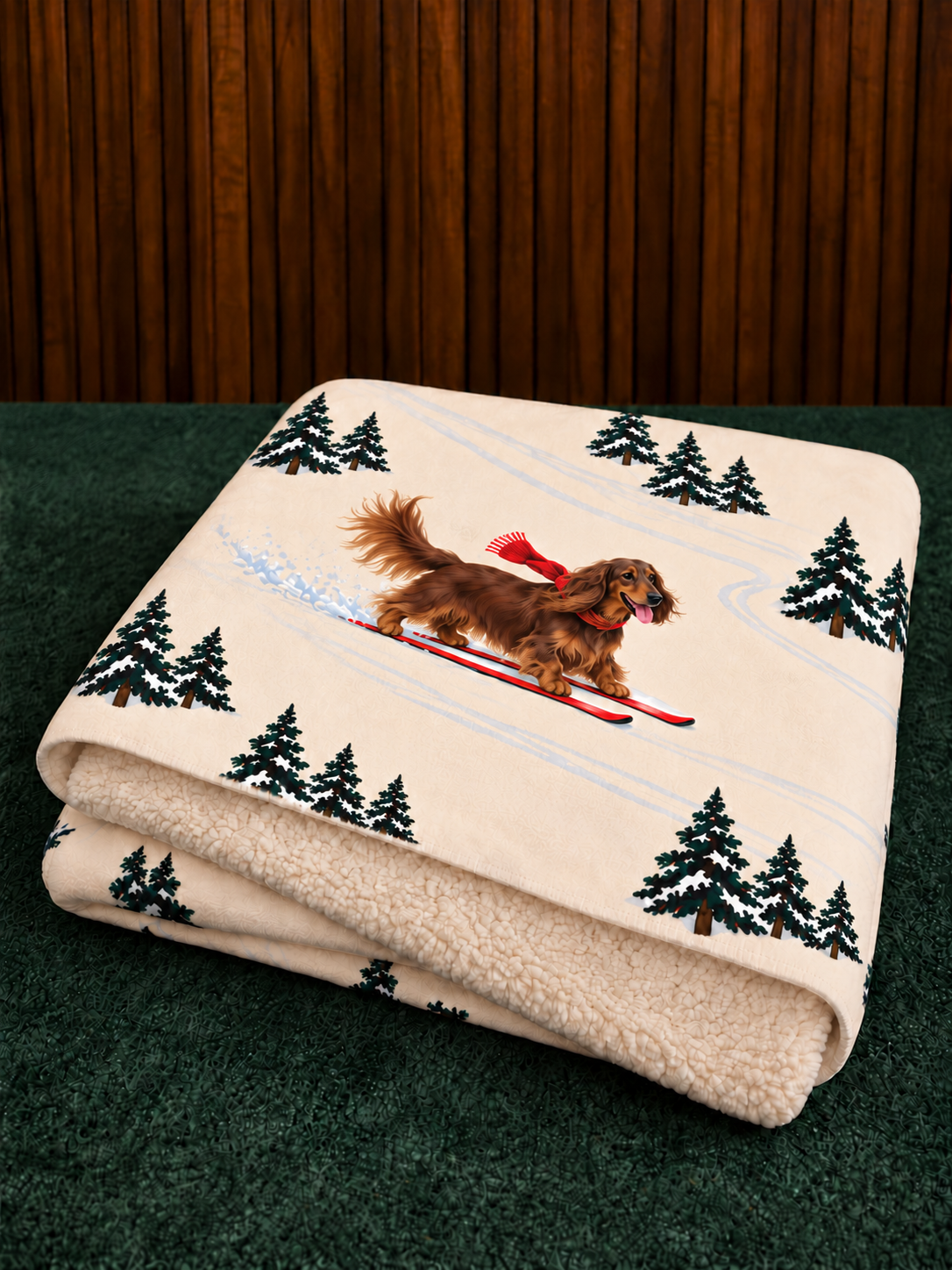 Long-haired Dachshund beige Christmas skiing fleece blanket — folded view