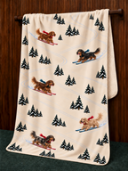 Long-haired Dachshund beige Christmas skiing fleece blanket — hanging view