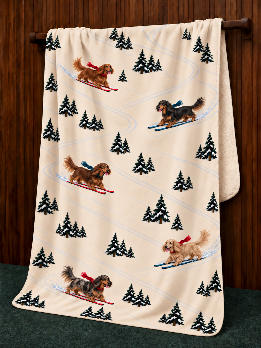 Long-haired Dachshund beige Christmas skiing fleece blanket — hanging view