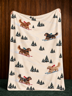 Long-haired Dachshund beige Christmas skiing fleece blanket — held view