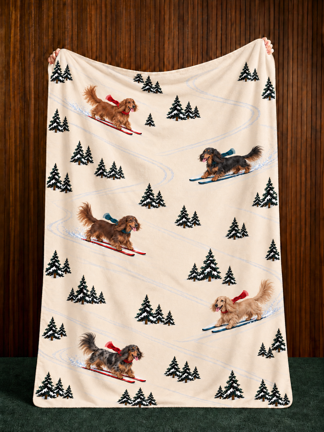 Long-haired Dachshund beige Christmas skiing fleece blanket — held view