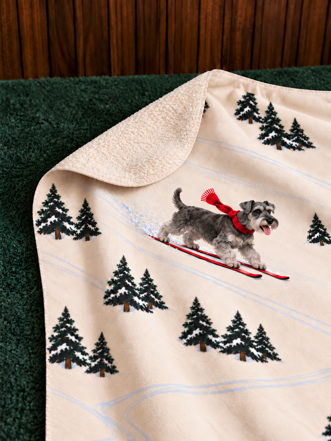 Miniature Schnauzer beige Christmas skiing fleece blanket — detail view