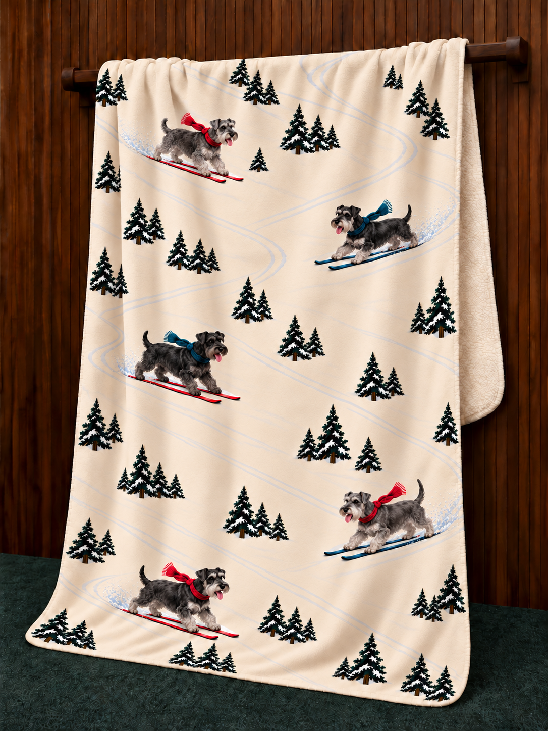 Miniature Schnauzer beige Christmas skiing fleece blanket — hanging view