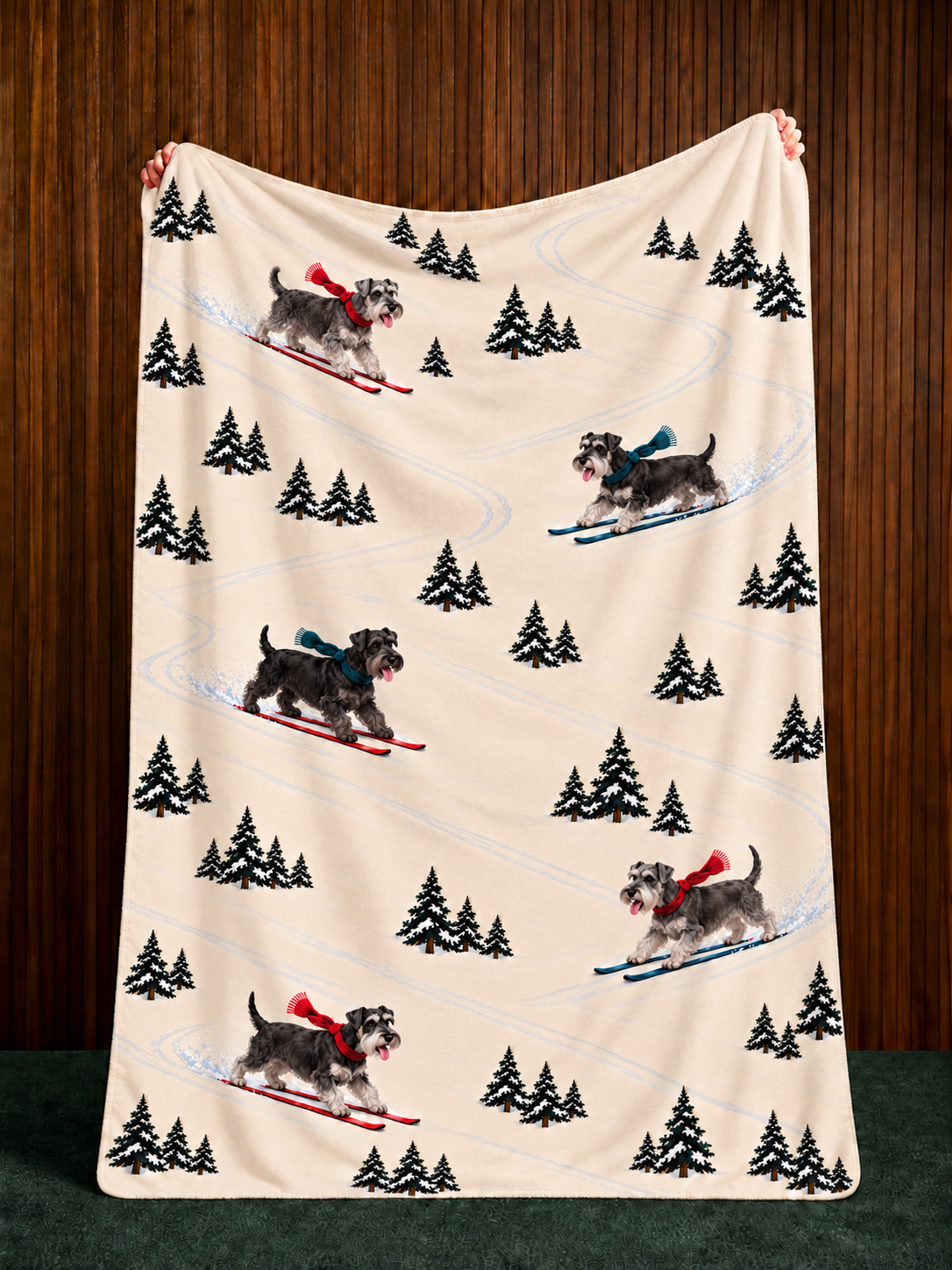 Miniature Schnauzer beige Christmas skiing fleece blanket — held view