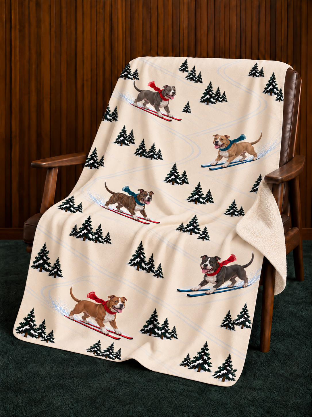 Pitbull beige Christmas skiing fleece blanket — chair view
