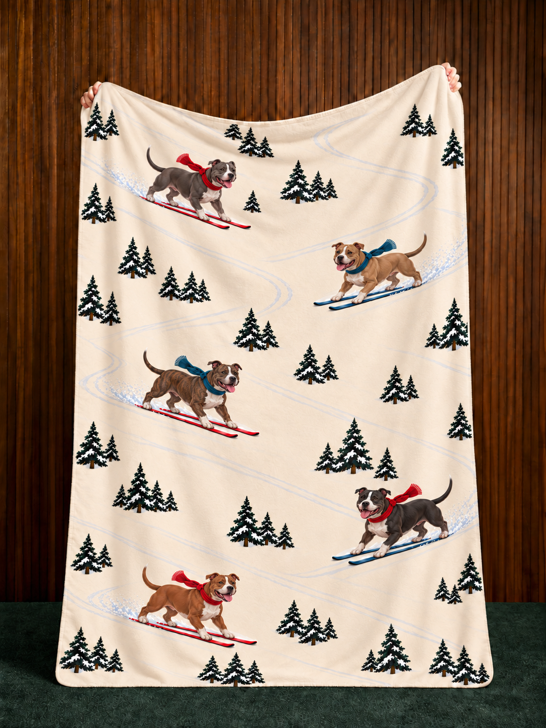 Pitbull beige Christmas skiing fleece blanket — held view