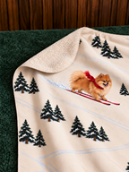Pomeranian beige Christmas skiing fleece blanket — detail view