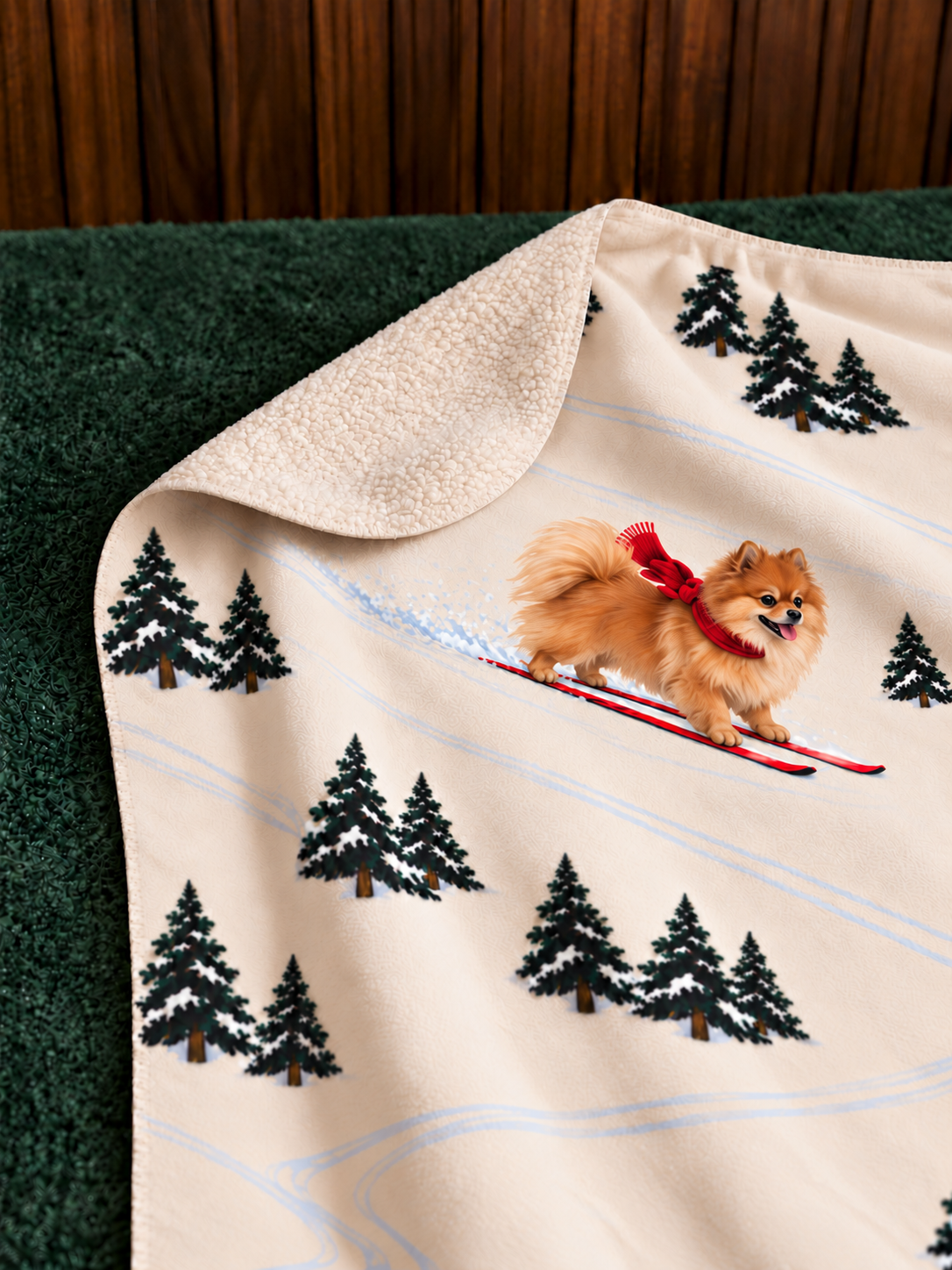 Pomeranian beige Christmas skiing fleece blanket — detail view