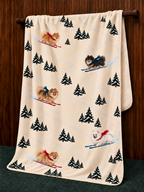 Pomeranian beige Christmas skiing fleece blanket — hanging view