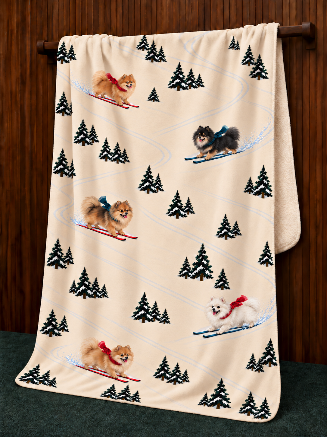 Pomeranian beige Christmas skiing fleece blanket — hanging view