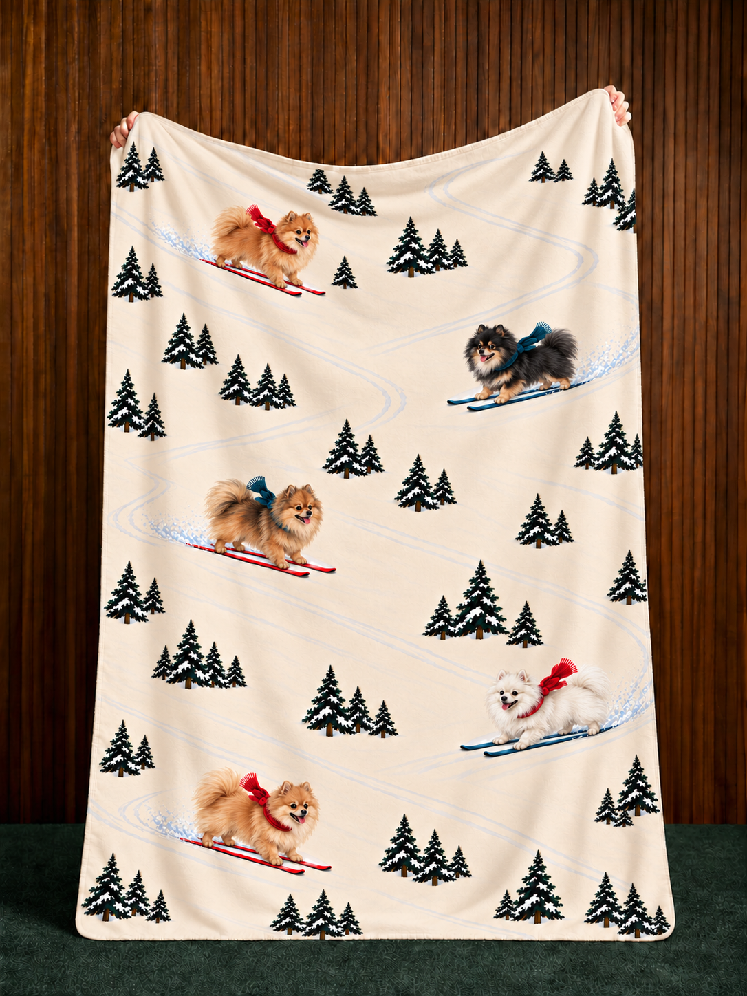 Pomeranian beige Christmas skiing fleece blanket — held view