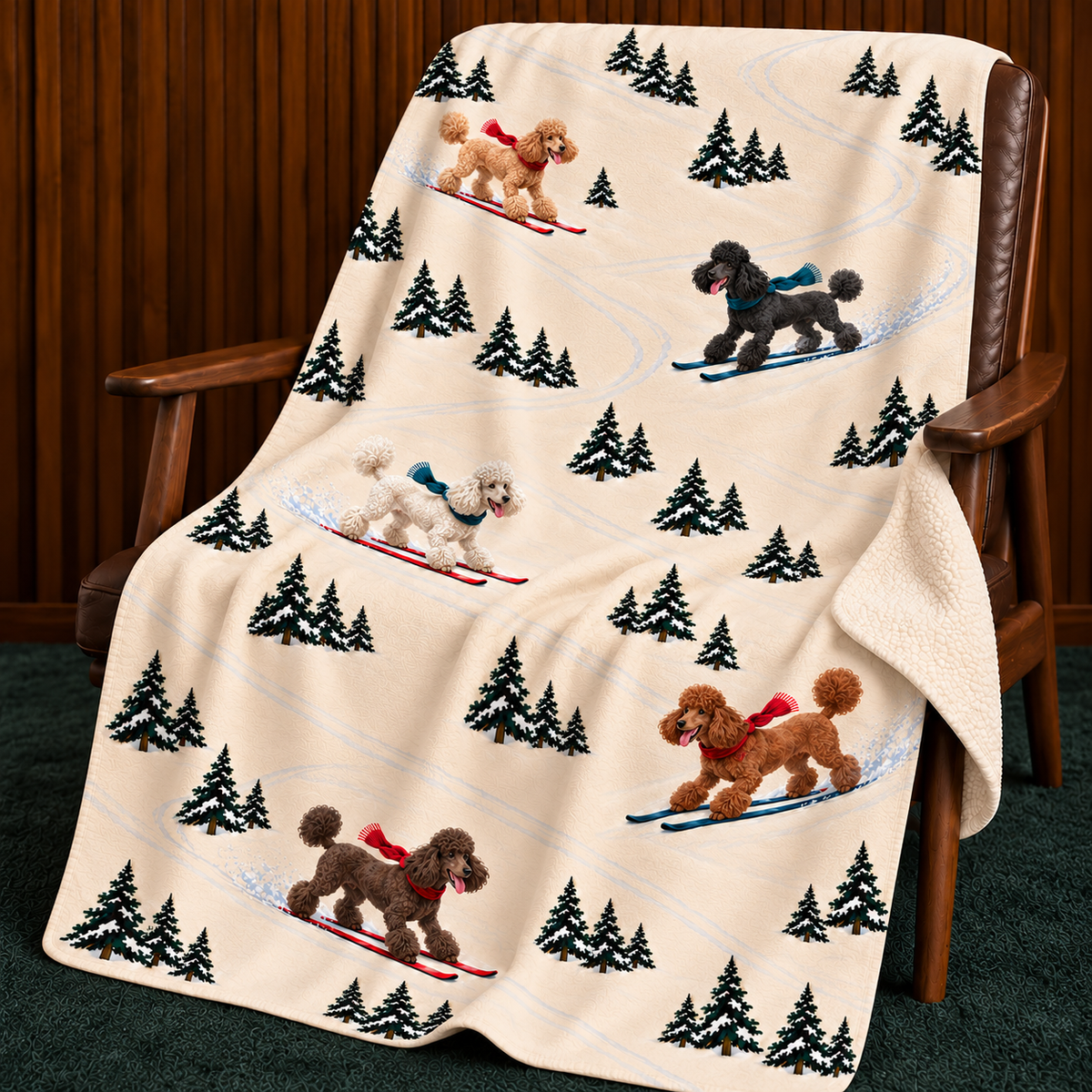 Poodle beige Christmas skiing fleece blanket — chair view