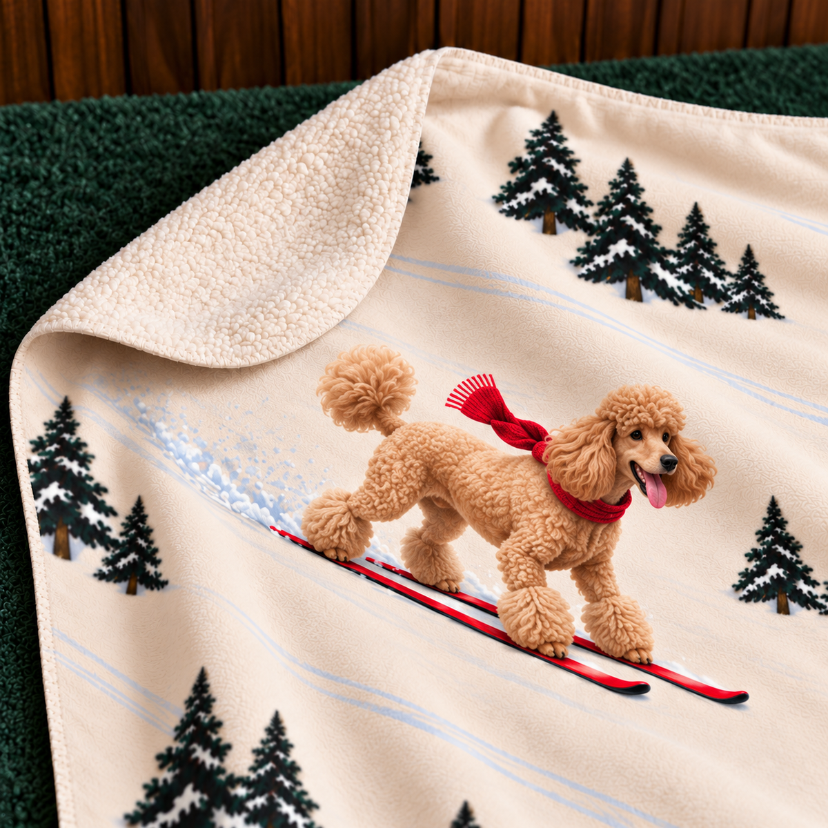 Poodle beige Christmas skiing fleece blanket — detail view
