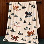 Poodle beige Christmas skiing fleece blanket — hanging view