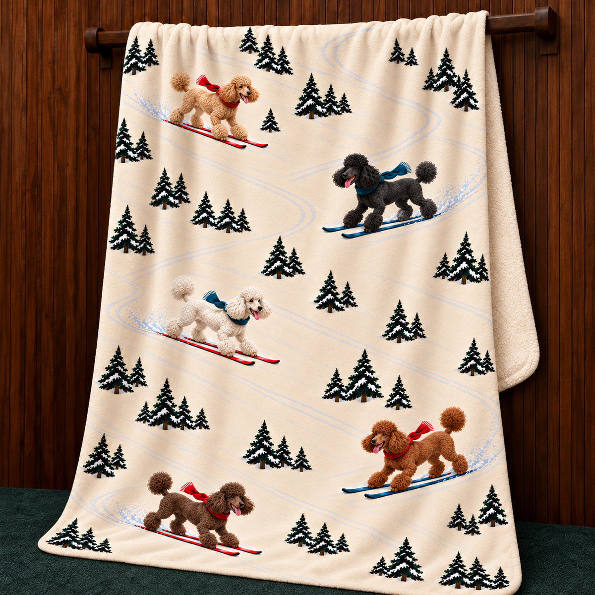 Poodle beige Christmas skiing fleece blanket — hanging view