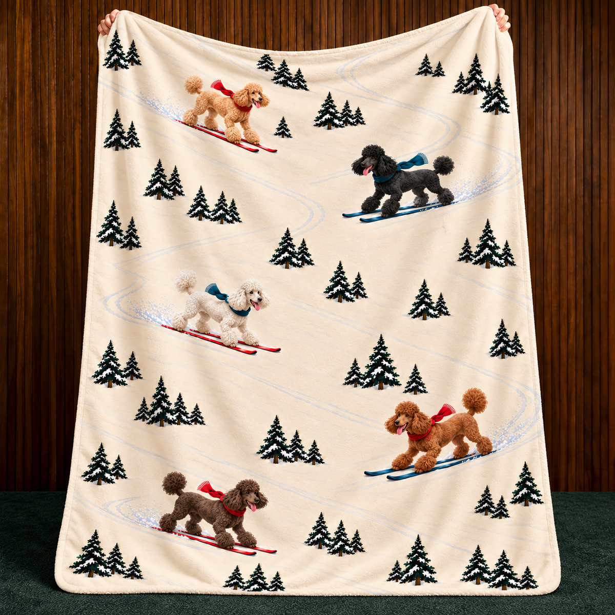 Poodle beige Christmas skiing fleece blanket — held view