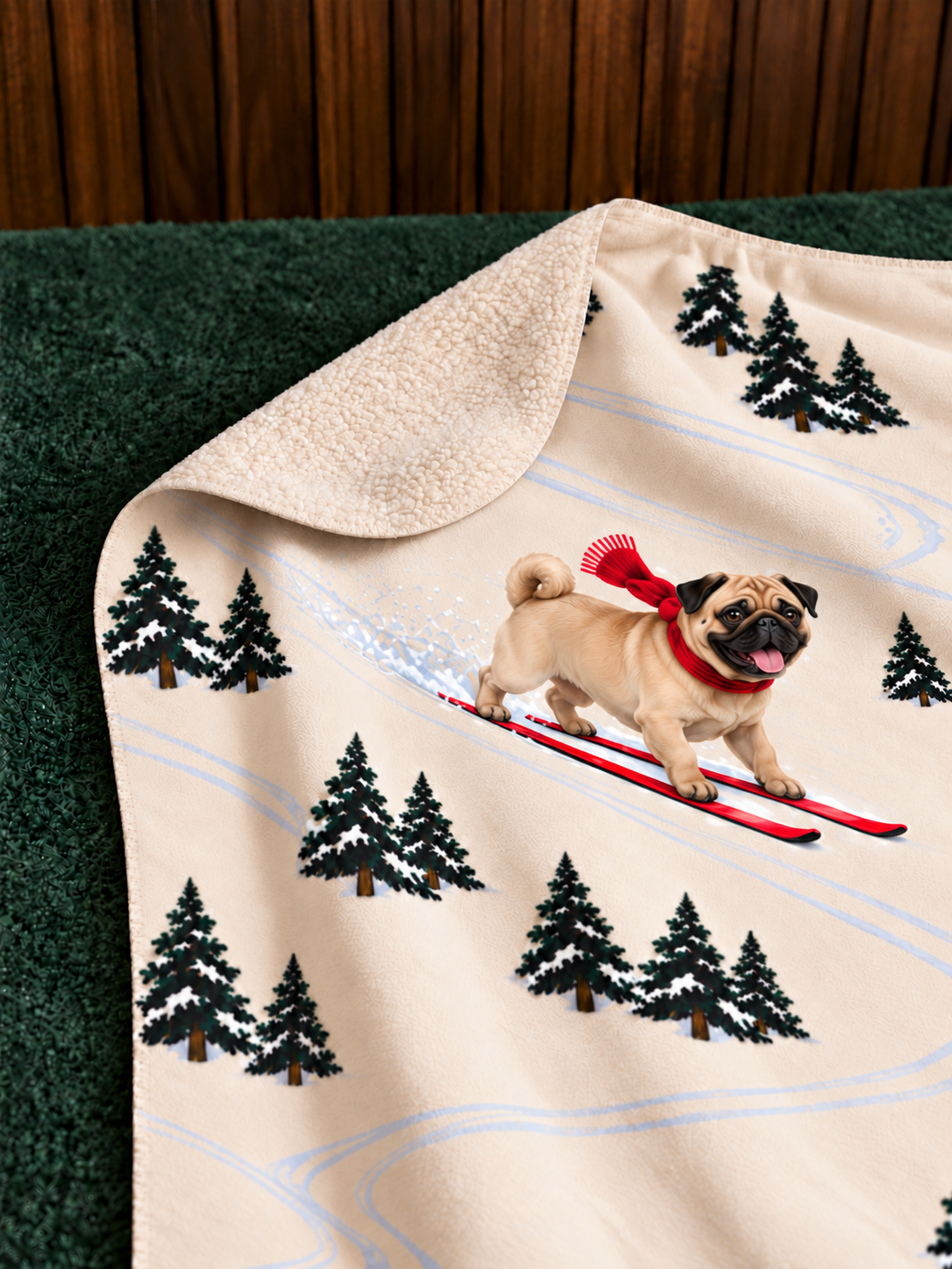 Pug beige Christmas skiing fleece blanket — detail view